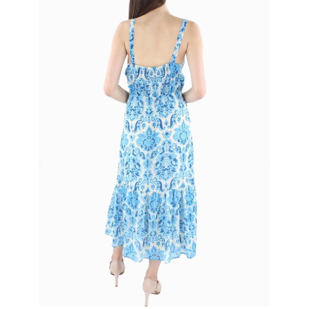 NWT Black Tape‎ Blue Damask Printed Leg Slit V-Neck Sundress Maxi Midi Dress - Picture 2 of 8